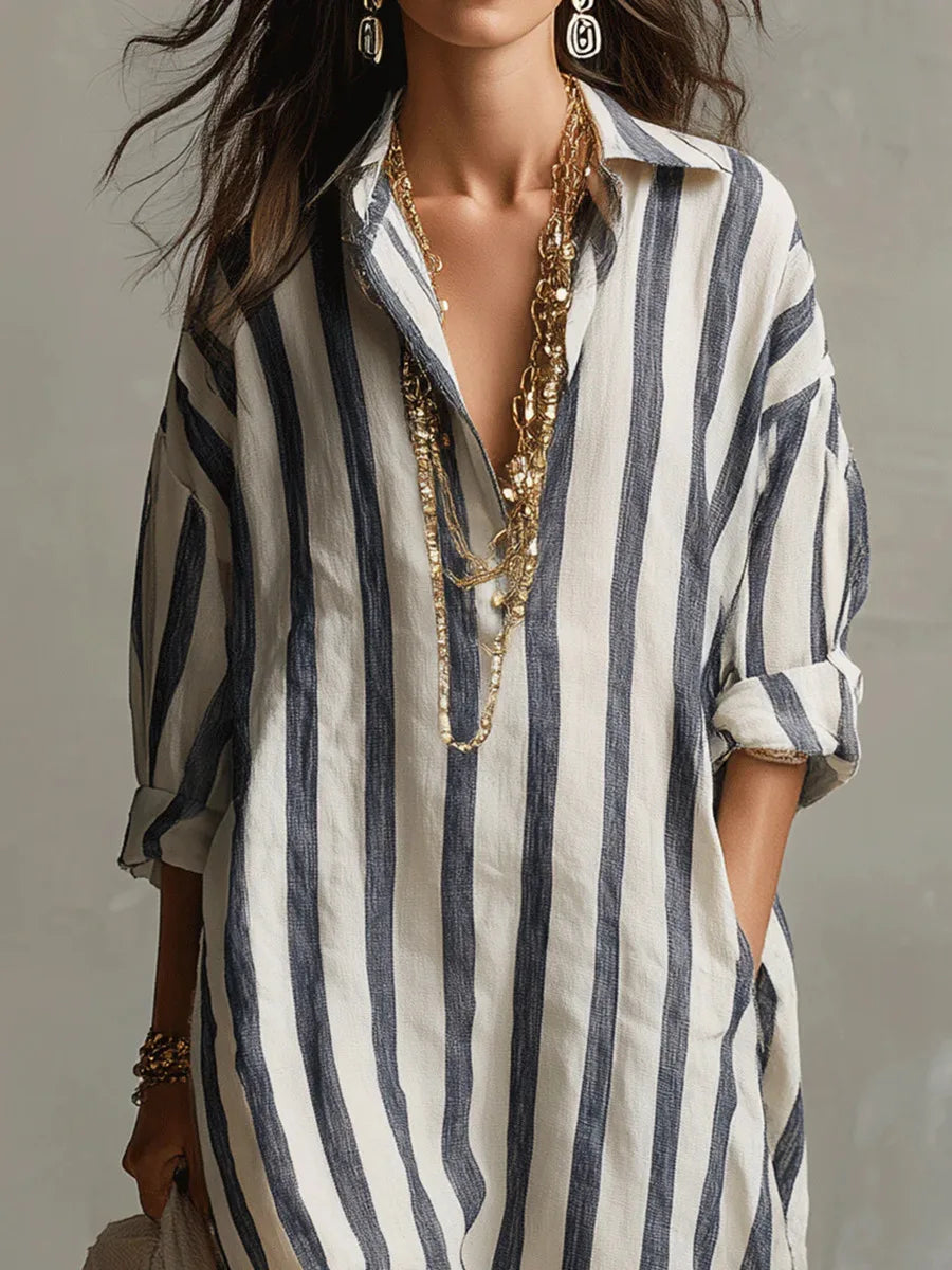 Collared Long Sleeve Striped Oversized Shirt Maxi Dress 3