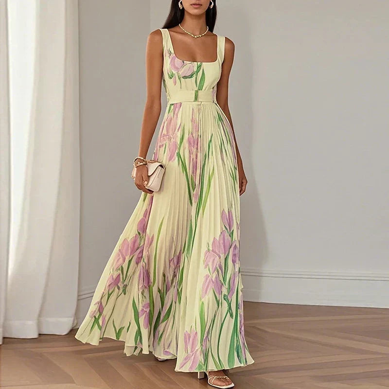 Square Neck Floral Sleeveless Pleated A-Line Maxi Dress 4