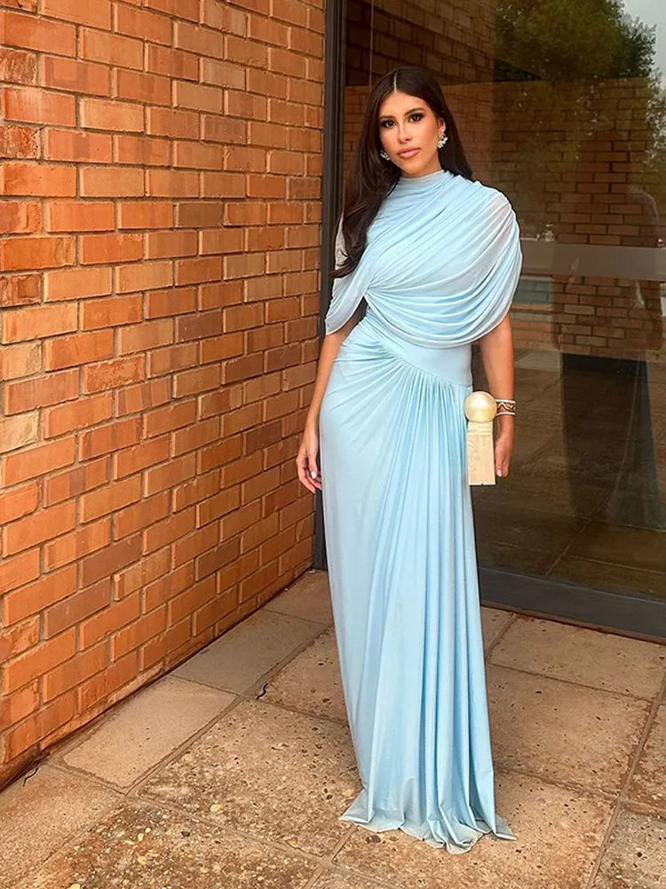 Blue Shawl Pleated A-line Maxi Dress