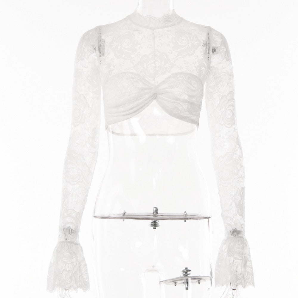 Long Sleeve Lace Charming Mesh Crop Top