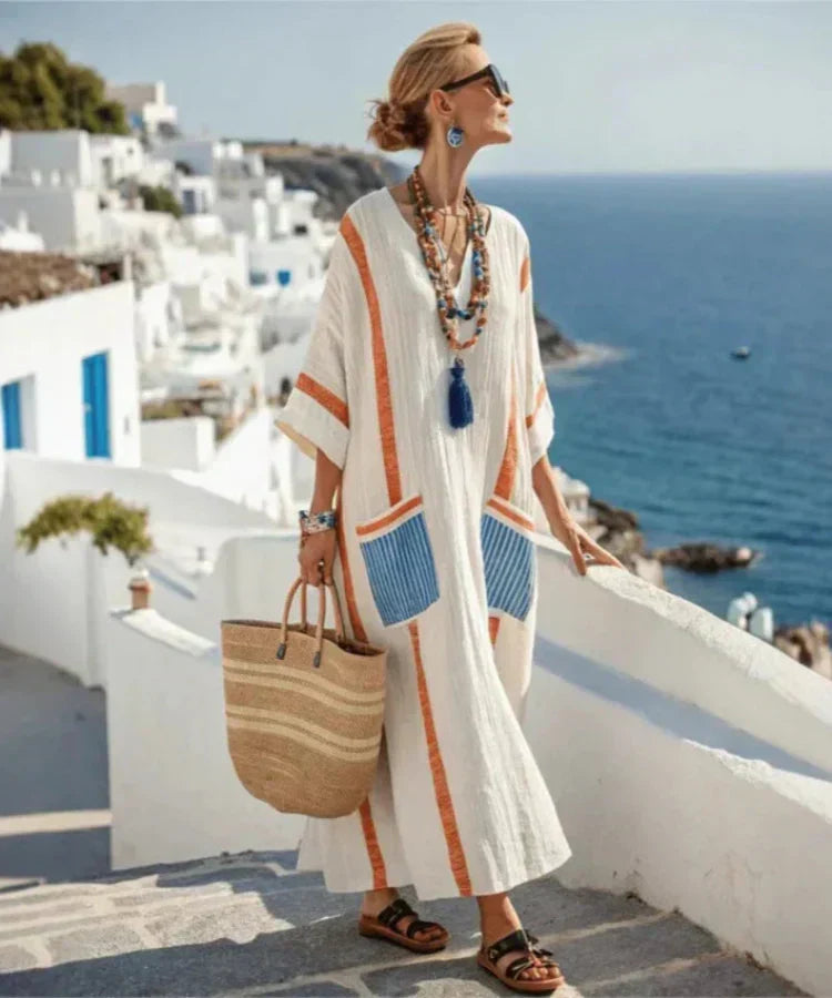 V-Neck Striped Linen Patch Pocket Half Sleeve Kaftan Maxi Dress 3