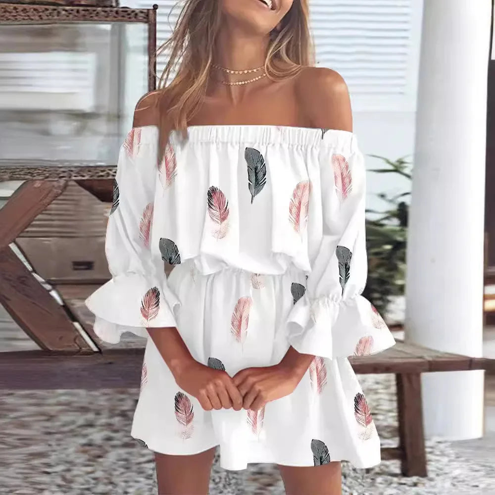 Slash Neck Flare Sleeve Mini Floral Dress