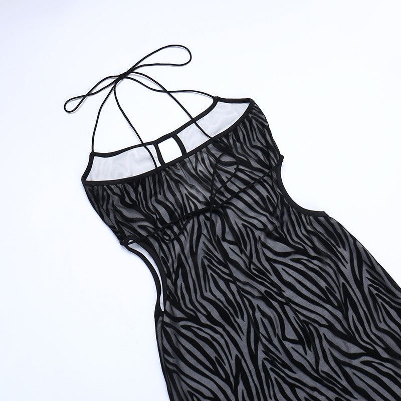 Black Spaghetti Strap Zebra Flocked Front Cutout Bodycon Mini Dress