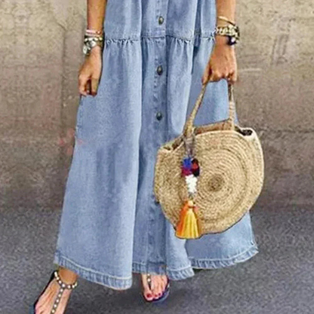 Collared Button Front Denim Short Sleeve Tiered A-Line Maxi Dress 4