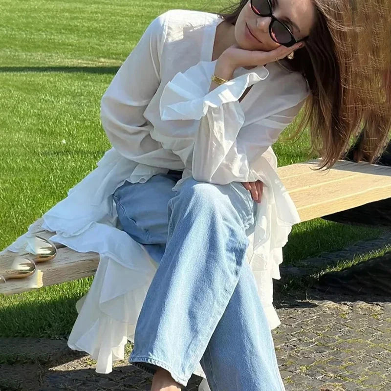 Ruffles Vneck Long Sleeve Casual Blouse
