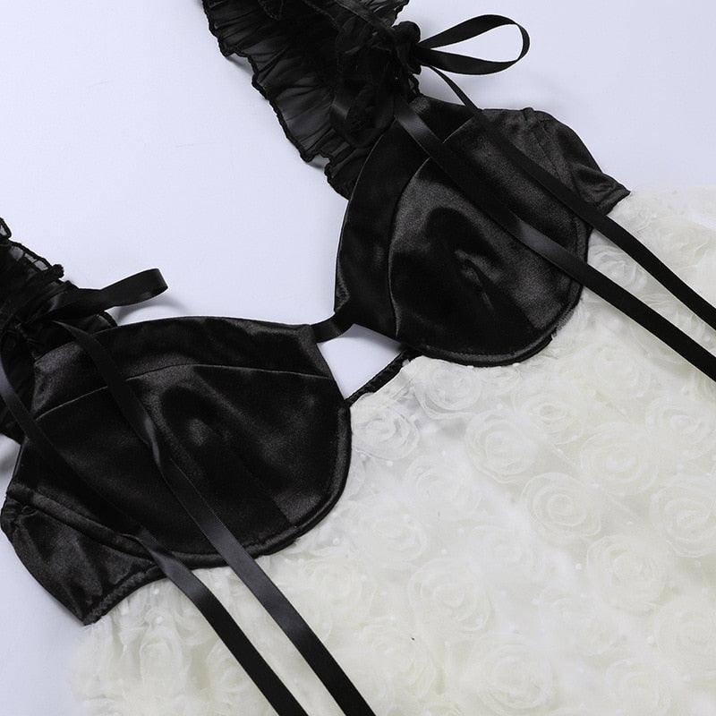 White Ruffle Strap Bustier Contrast Textured Organza Babydoll Mini Dress 13