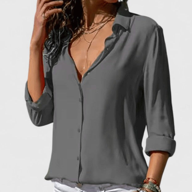 Collared Button-Front Long Sleeve Chiffon Blouse 4