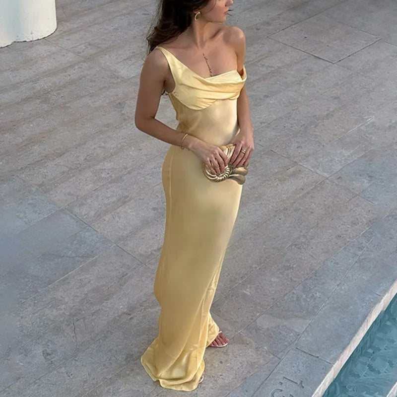 Satin One Shoulder Halter Maxi Dress