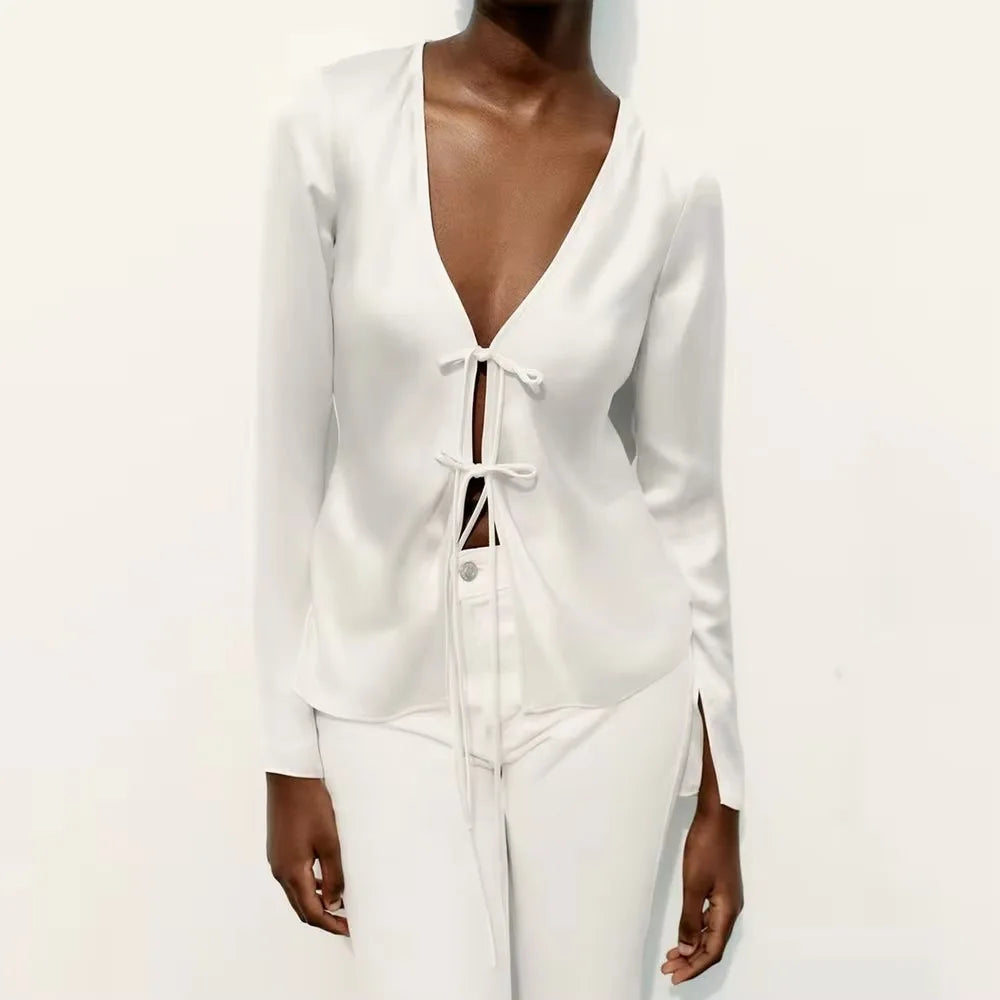 Women's Fashion Vneck Tie Up Bow Silk Satin Blouse