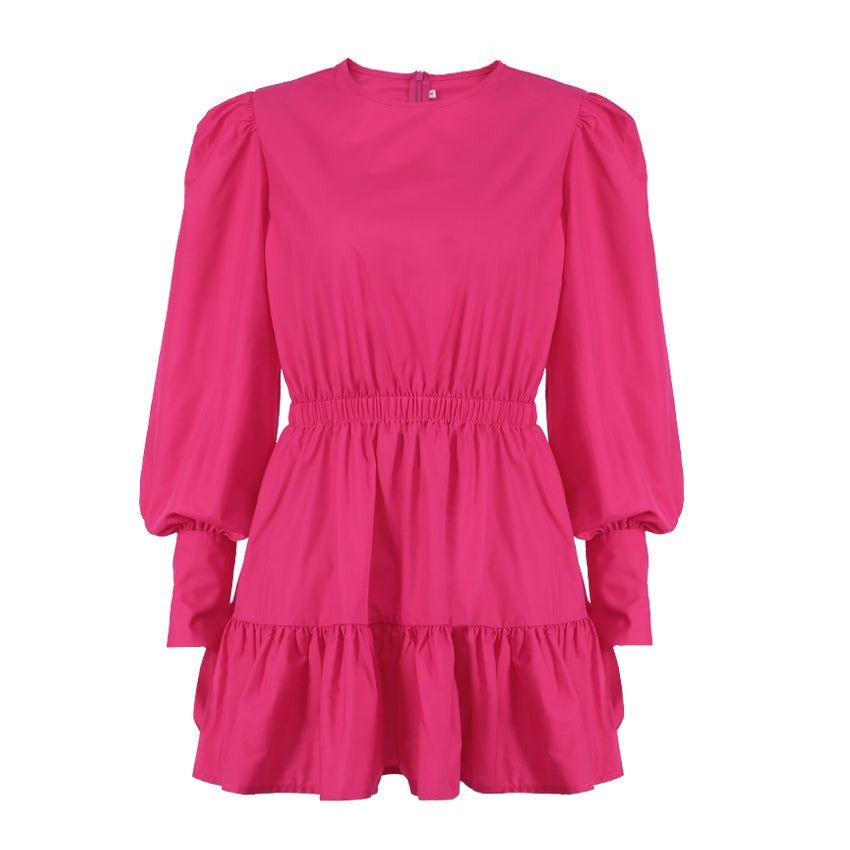 Round Neck Puff Sleeve Gathered Waist Ruffle Hem Mini Dress 6