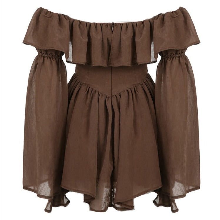Brown Off-Shoulder Ruffle Puff Sleeve Corset A-Line Mini Dress