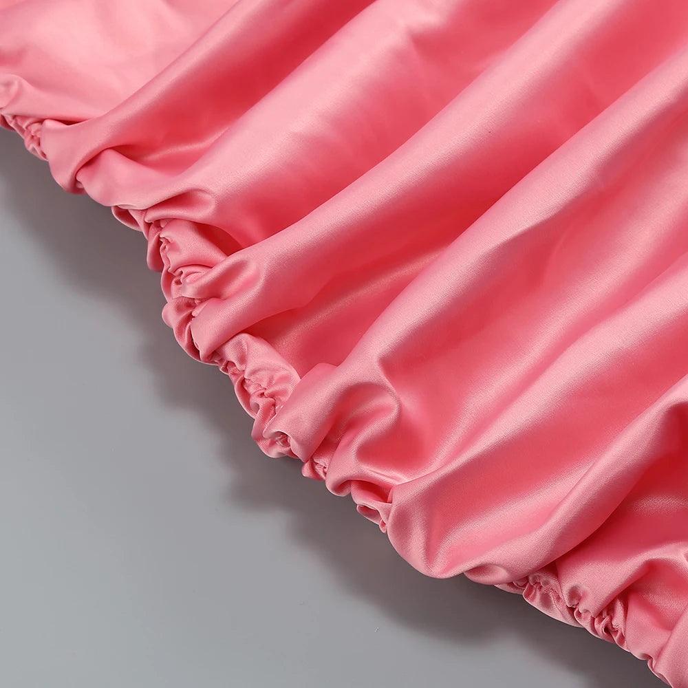 Pink One Shoulder Rosette Satin Cutout Ruched Bodycon Mini Dress
