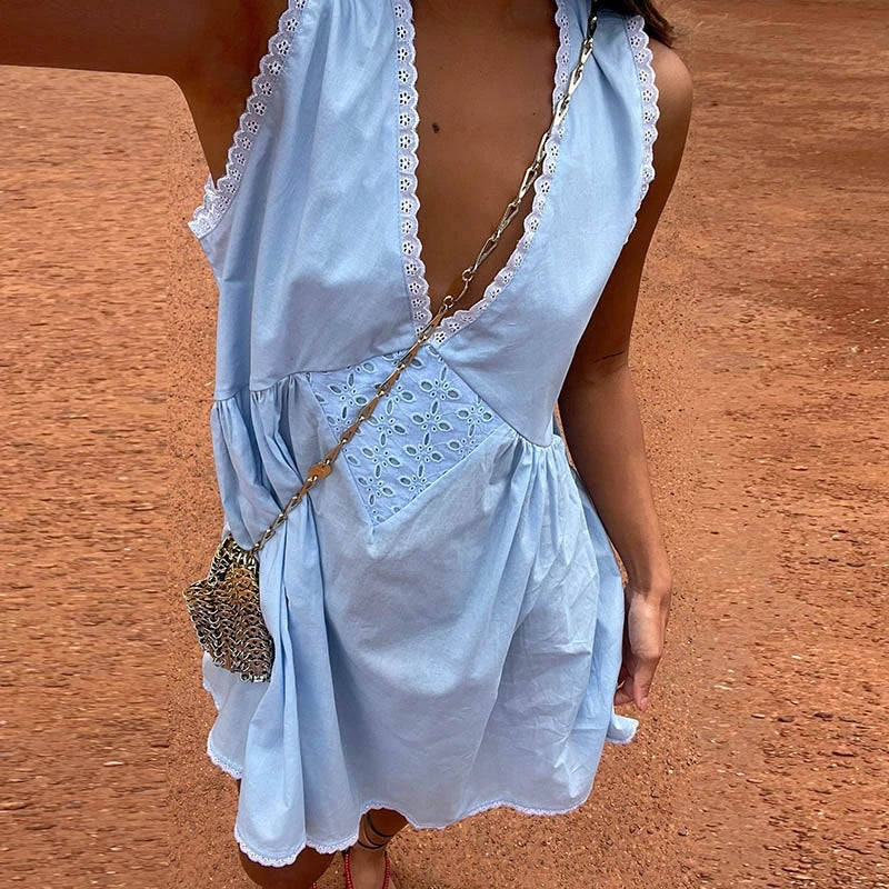 Lace Trim V Neck Flowy ALine Mini Dress