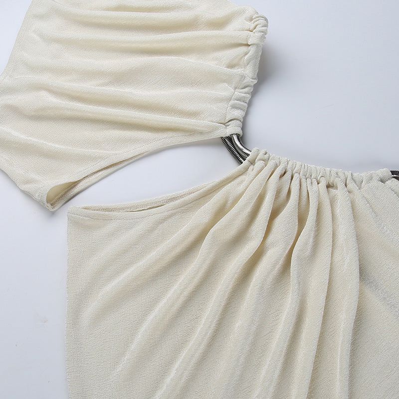 Beige One Shoulder O-Ring Cutout High Slit Maxi Dress