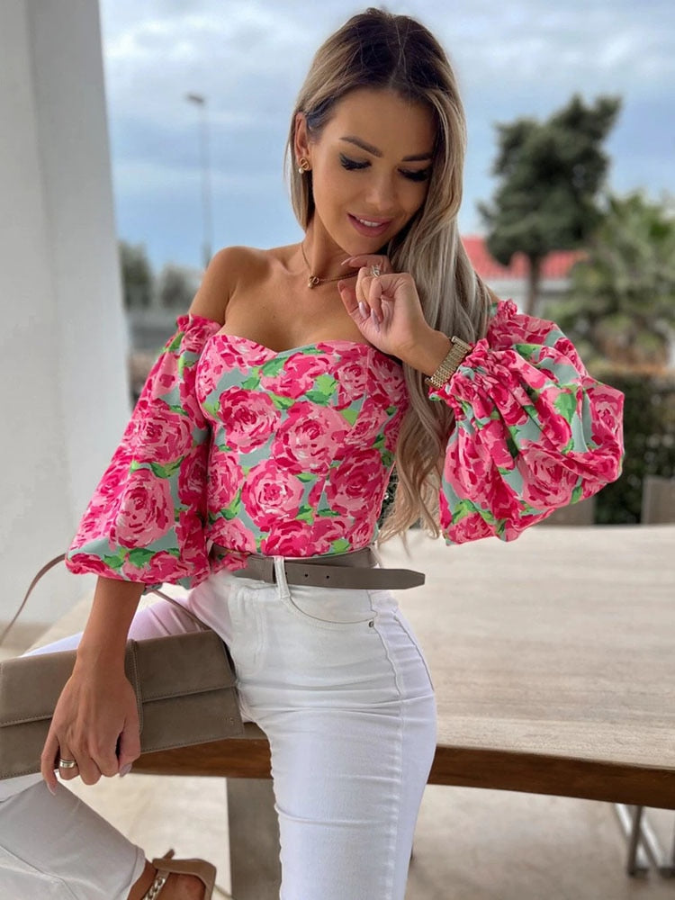 Women Top Summer Off Shoulder Floral Blouses Holiday Slash Neck Tops