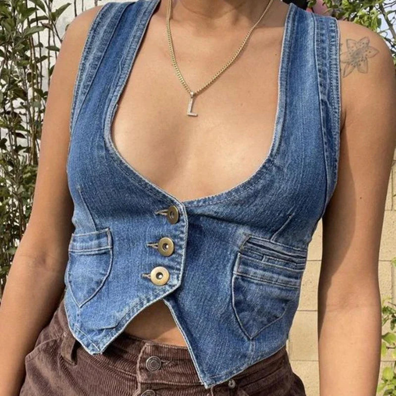 Y2K Vintage Denim VNeck Button Down Irregular Cami Top