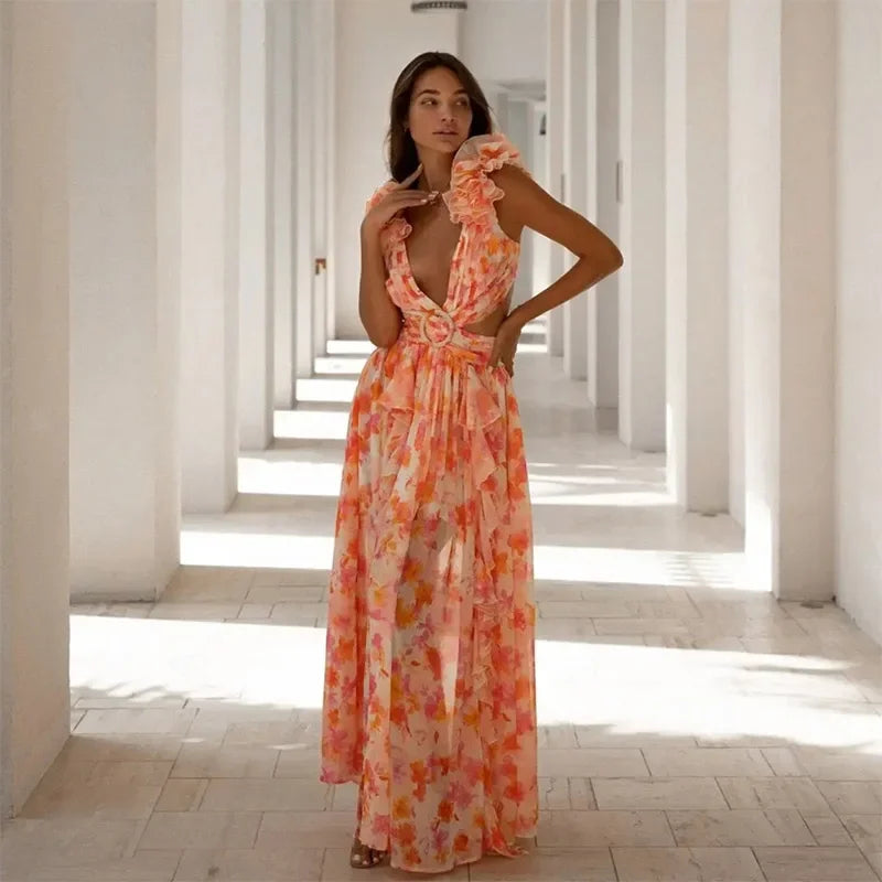 Ruffle Split Laceup Floral Dress