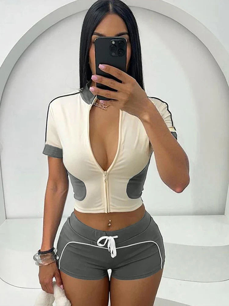 Patchwork Zip Short Sleeve Crop Top Two Piece Shorts Set
