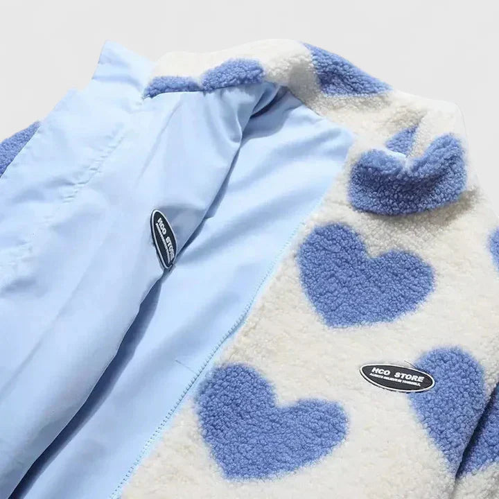 Heart Print Stand Collar Zip-Front Cozy Fleece Jacket