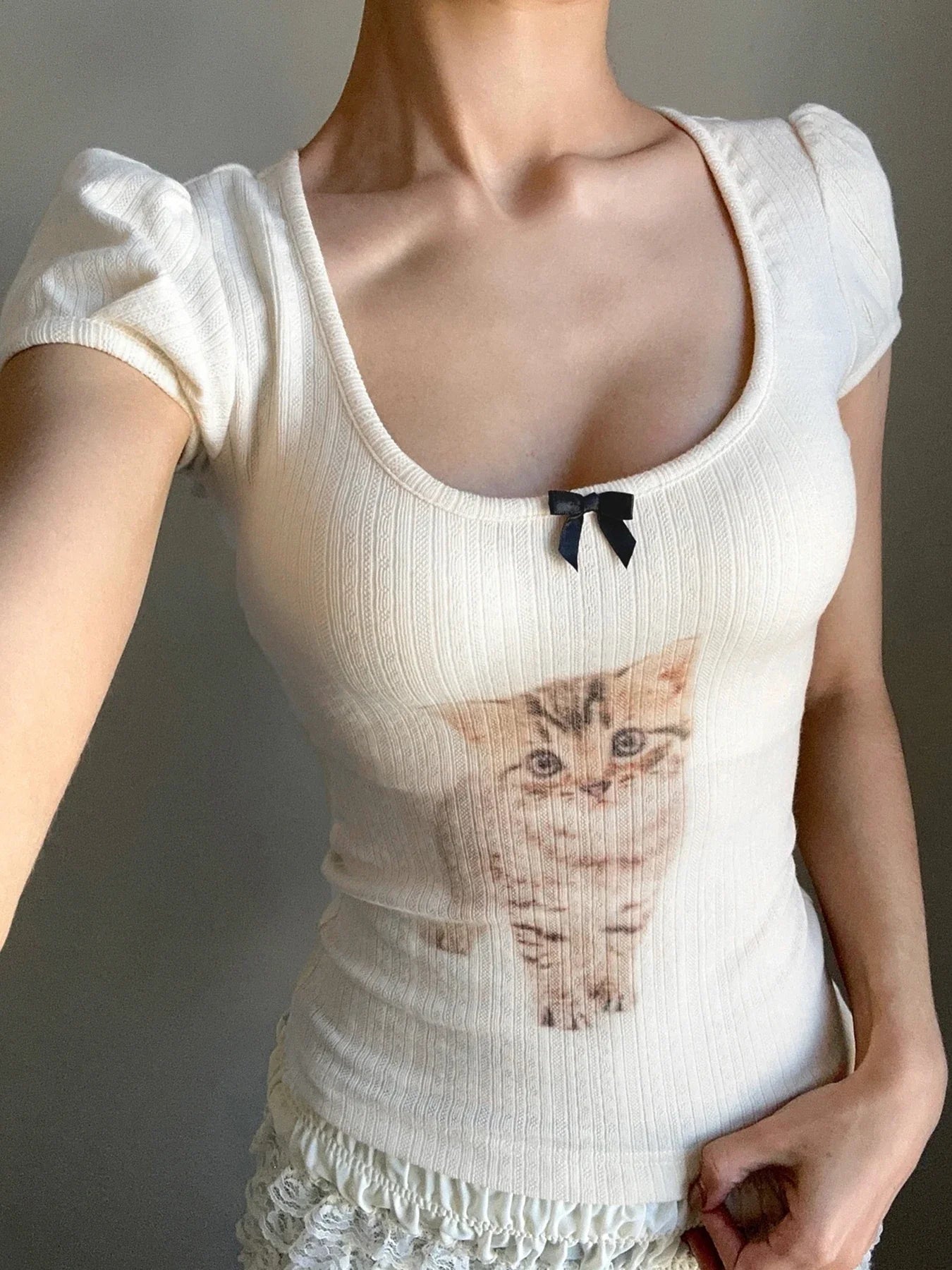 Cat Print Square Neck Slim Fit TShirt Crop Top