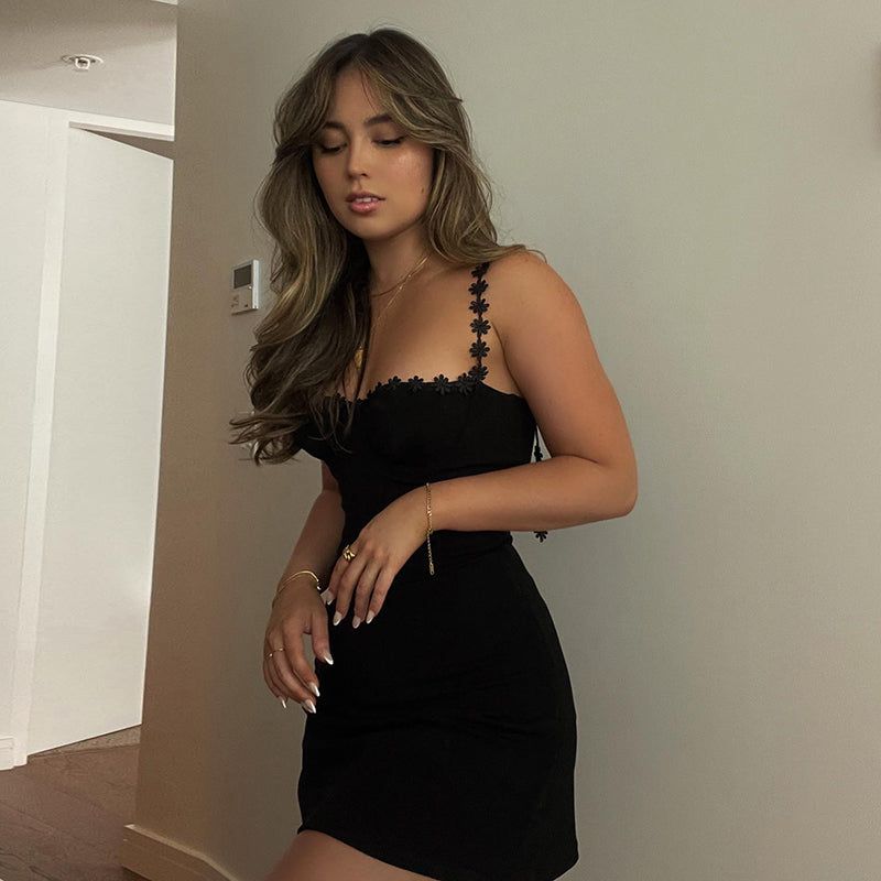 Black Floral Applique Strap Ruched Bodycon Mini Dress 6