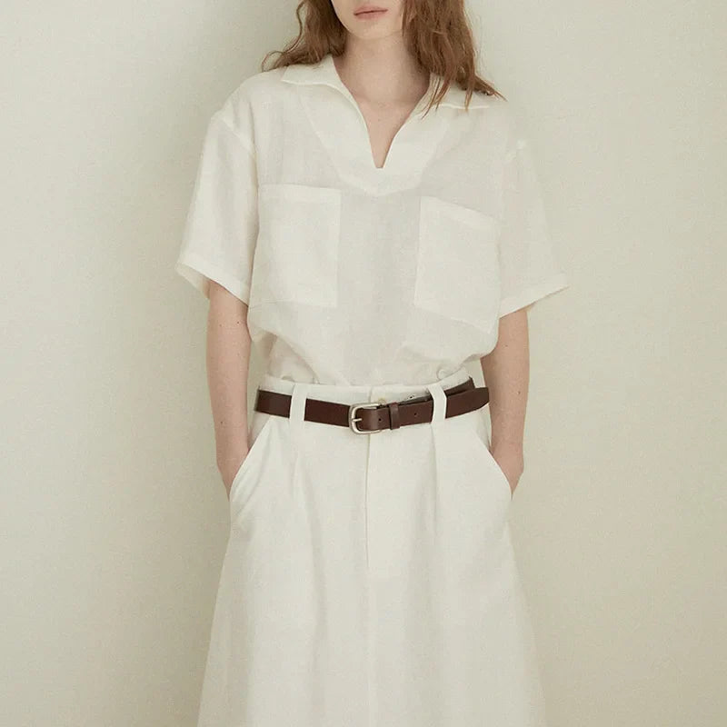 100% Linen Vneck Short Sleeve Blouse