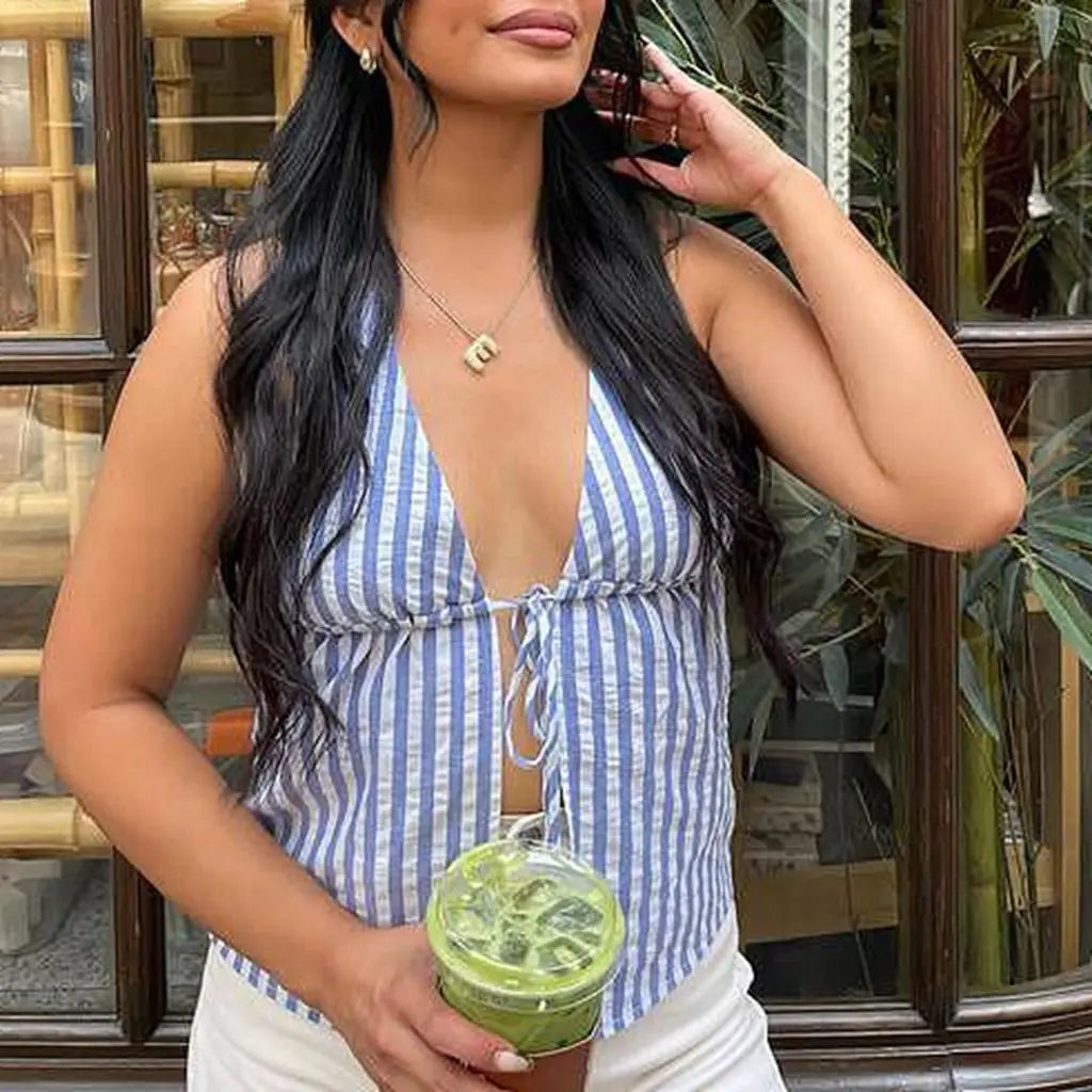 Y2K Striped Backless TieUp Front Halter Cami Top