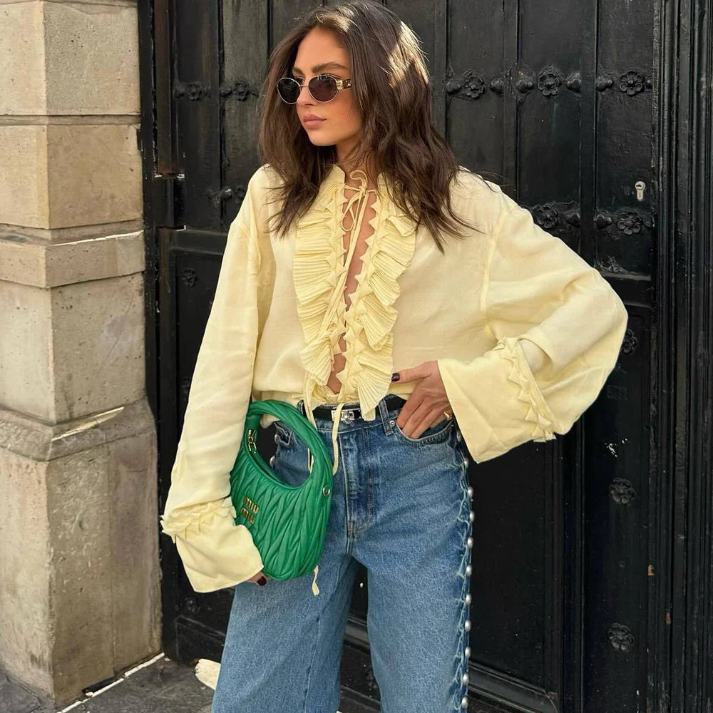 Casual Chiffon Pleated Laceup Blouse