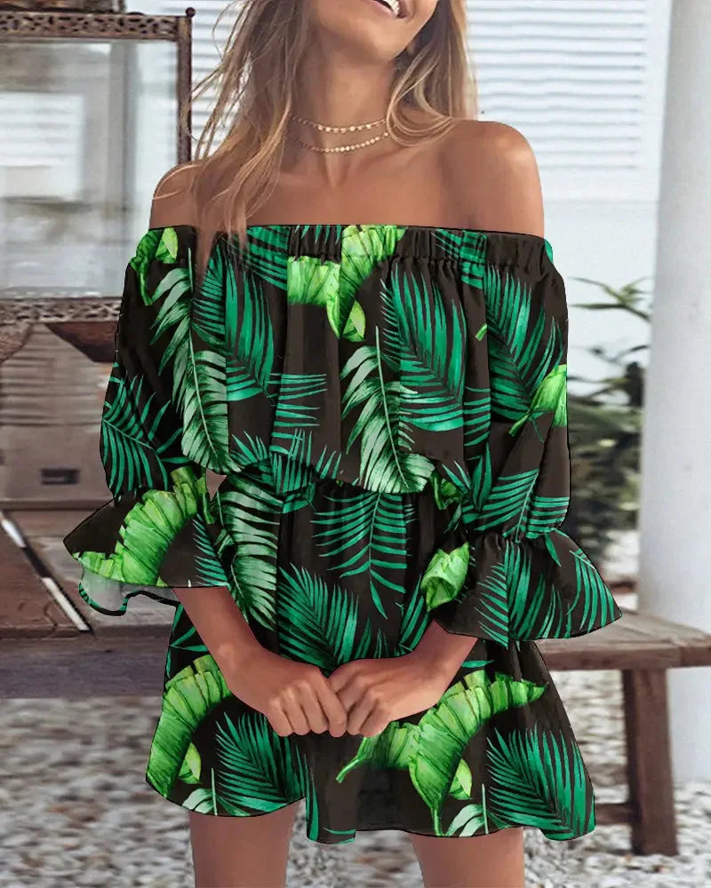 Slash Neck Flare Sleeve Mini Floral Dress