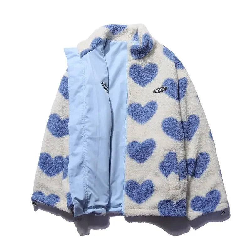 Stand Collar Heart Print Sherpa Fleece Zip Front Jacket