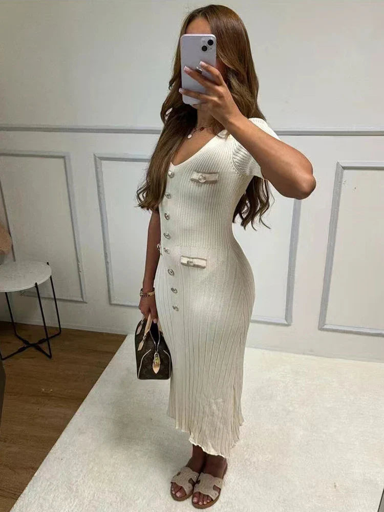 VNeck Knitted Short Sleeve Button Work Dress