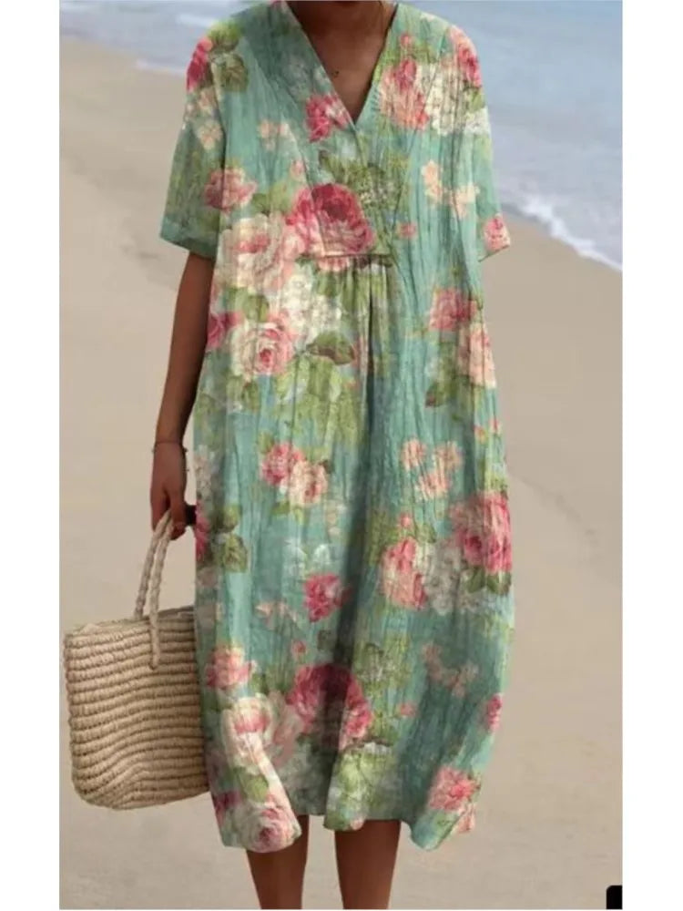 Ramona Statement Floral Print Cotton and Linen Dress Boutique Collection