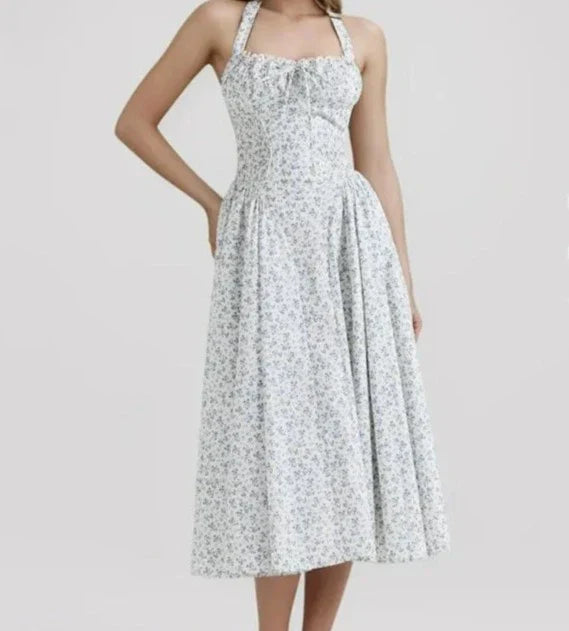Floral Bow Halter Neck Lacing Up Midi Dress