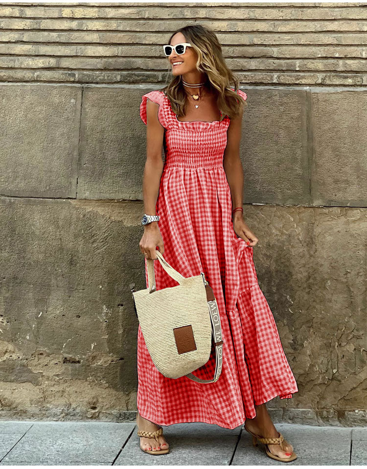 Square Neck Ruffle Strap Smocked Gingham Tiered Maxi Dress 5