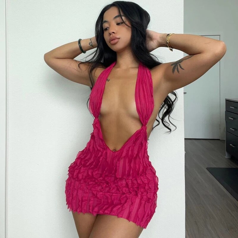 Pink Ruffles Deep Charming V-neck Mini Dress