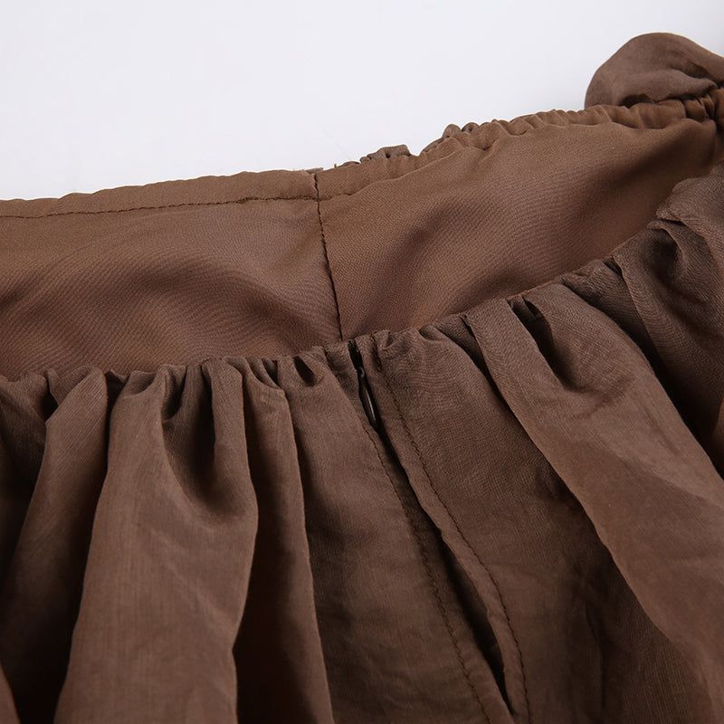 Brown Off-Shoulder Ruffle Puff Sleeve Corset A-Line Mini Dress