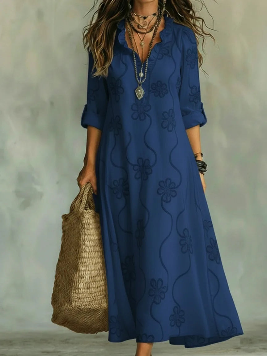 Notch Neck Roll Sleeve Floral Textured Shift Maxi Dress