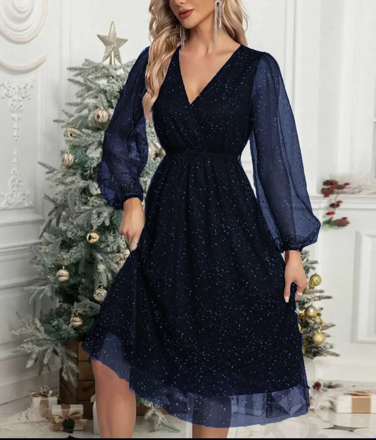 V-Neck Glitter Mesh Sheer Long Sleeve A-Line Midi Dress 5