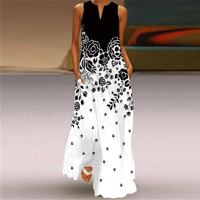 Split Neck Butterfly Print Sleeveless Pocket A-Line Maxi Dress