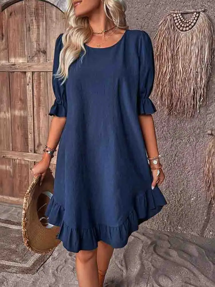 Round Neck Ruffle Cuff Half Sleeve Ruffle Hem Shift Mini Dress