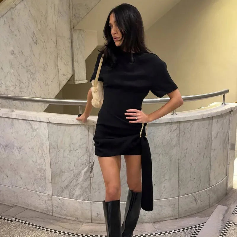 Short Sleeve Draped Black Metal Buckle Mini Dress
