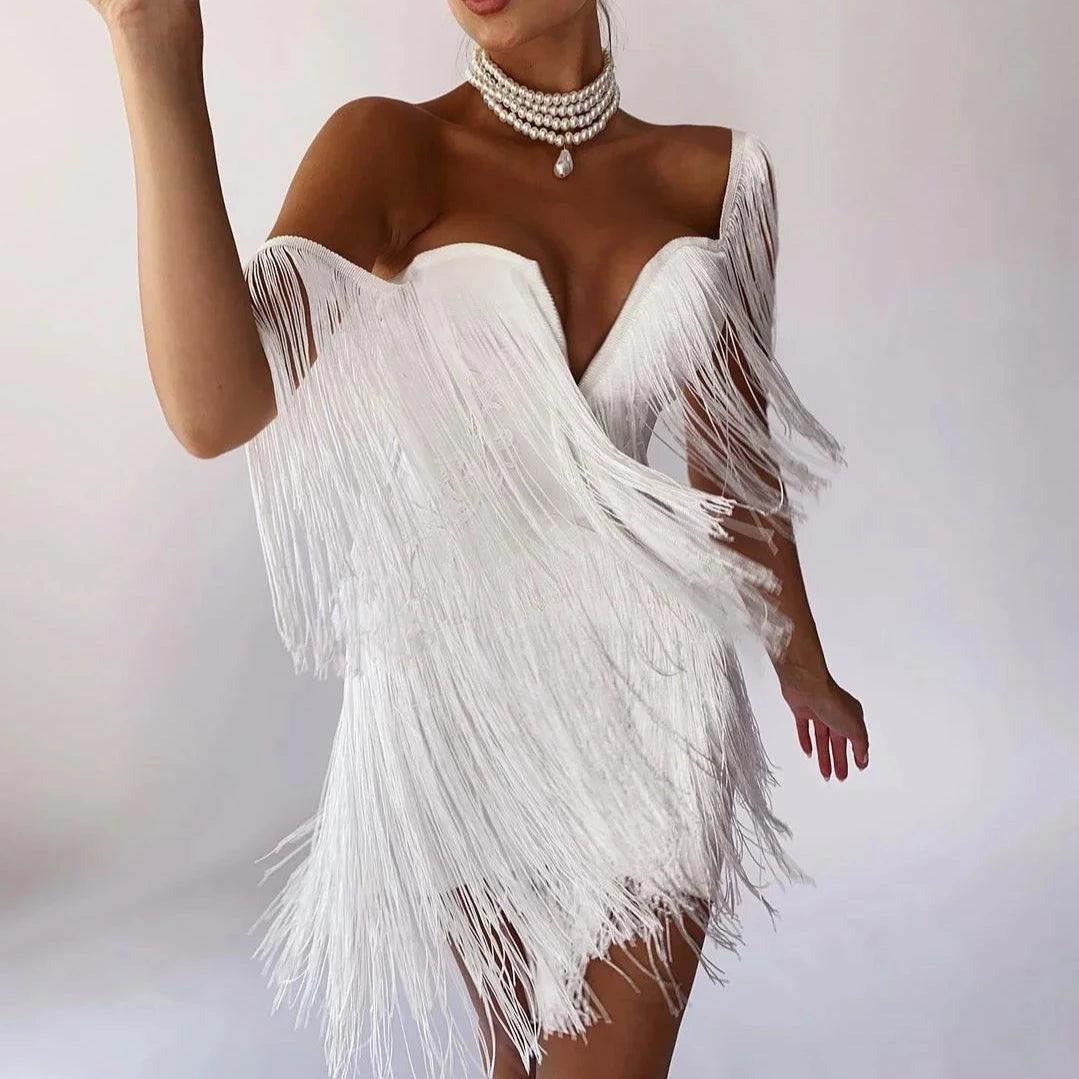 V-Neck Tiered Fringe Tassel Bodycon Mini Dress