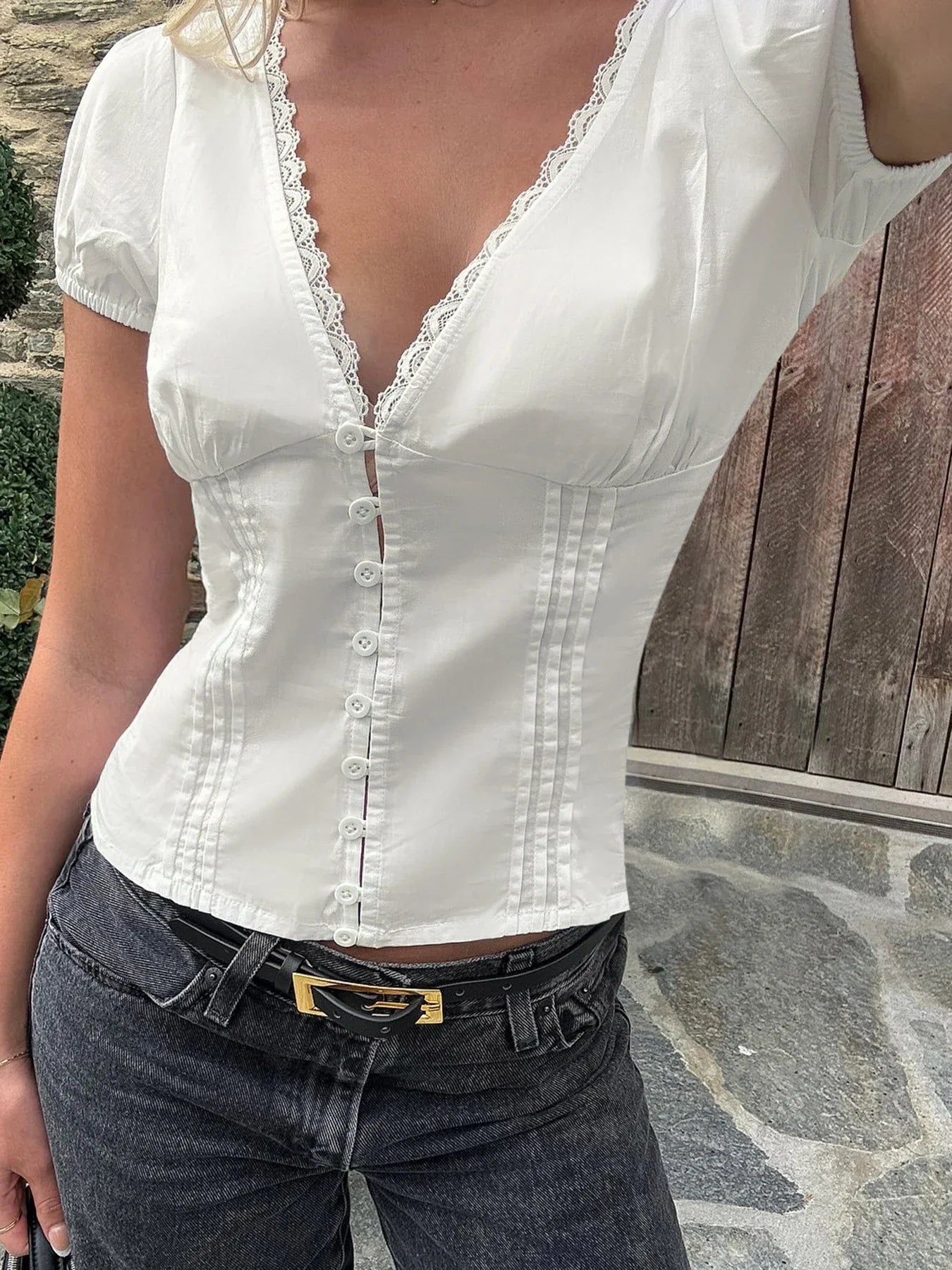 Solid Slim Fit VNeck Lace Spliced Blouse Crop Top