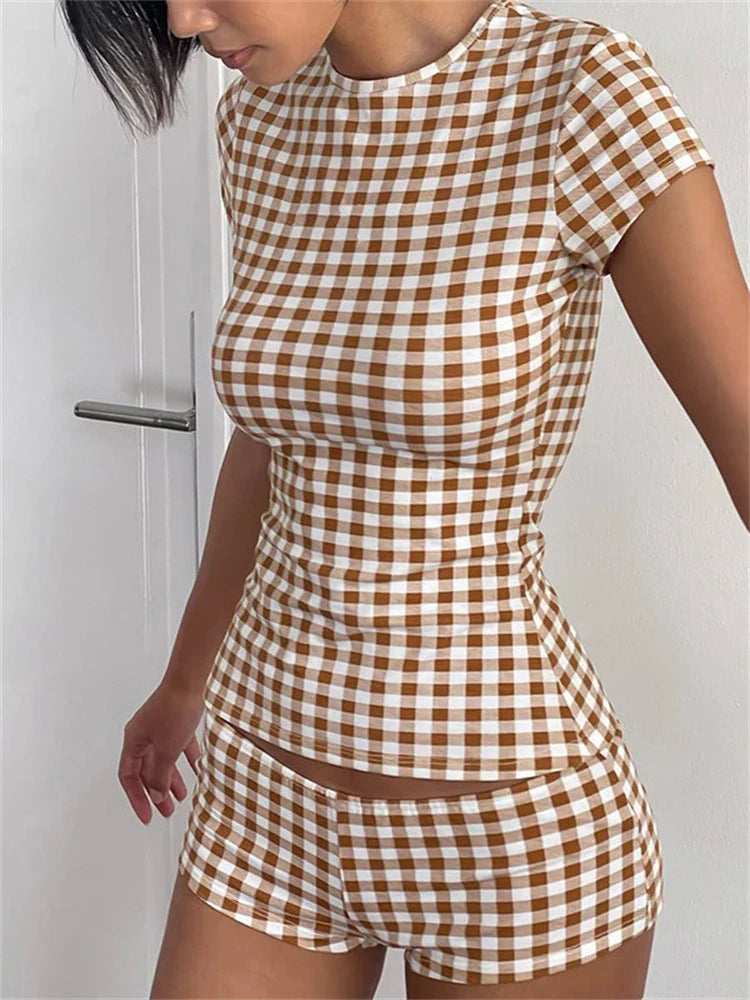 Plaid Print Crew Neck Short Sleeve TShirt Two Piece Shorts Set