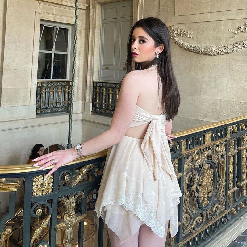 Beige Straight Neck Sheer Mesh Lace Trim Ruffle Mini Dress 5