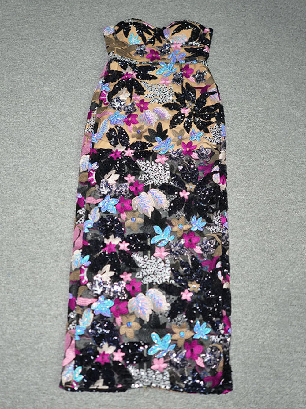 Sequin Floral Strapless Maxi Dress