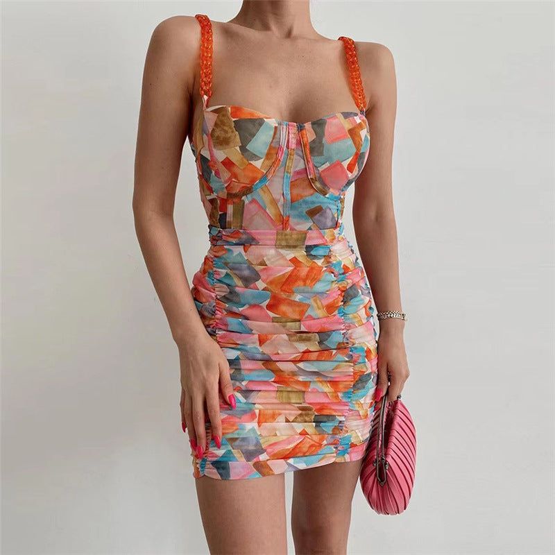 Sweetheart Neck Braided Strap Abstract Print Ruched Bodycon Mini Dress