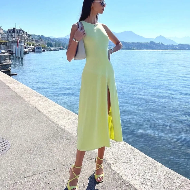 Knit Slit Solid High Waisted Vacation Dresses