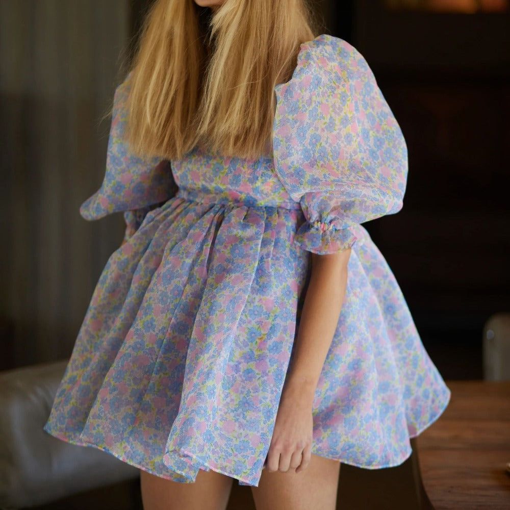 Blue Puff Sleeve Floral Organza Babydoll Mini Dress