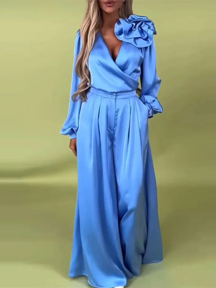 Satin Flower VNeck Wide Leg Suit